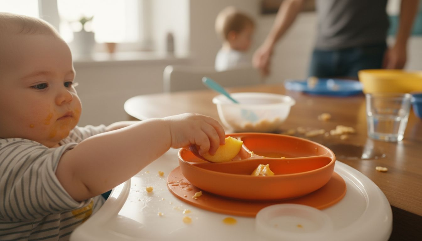 Infant grabbing fruit from suction plate