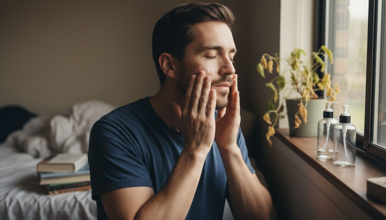 Man gently applies moisturizer for natural glow