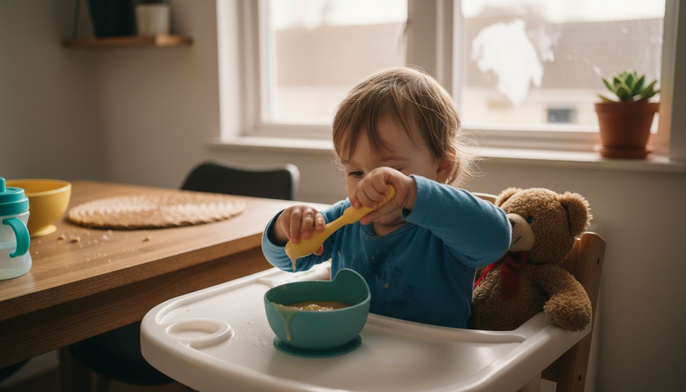 Toddler practicing eating with silicone spoon