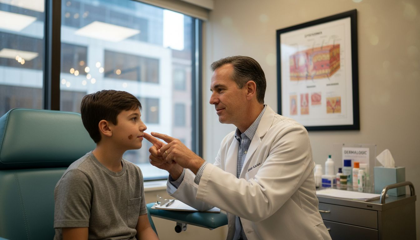 Dermatologist examines patient’s skin in clinic
