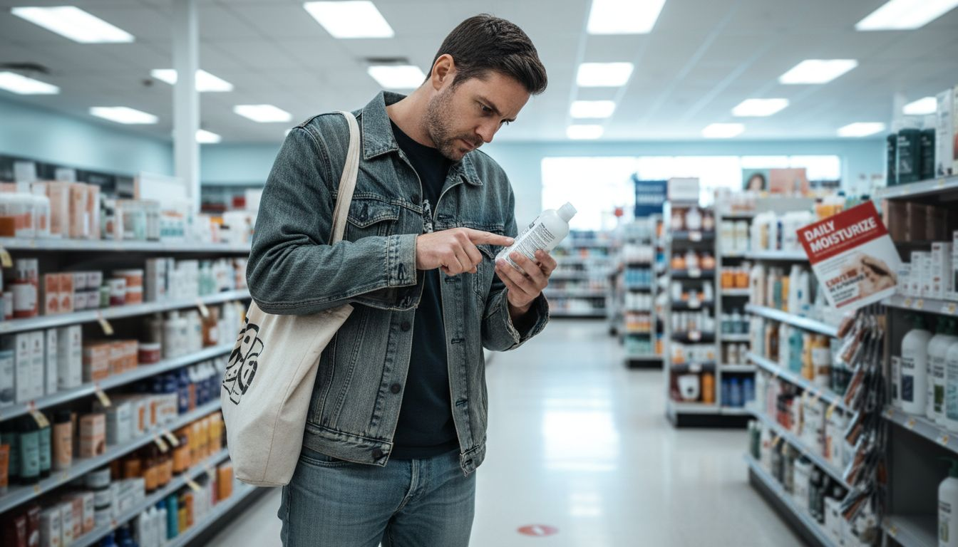 Man inspecting skincare label in pharmacy