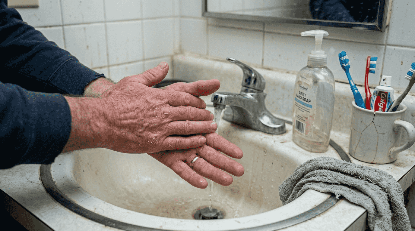 Close-up dry irritated hands at sink