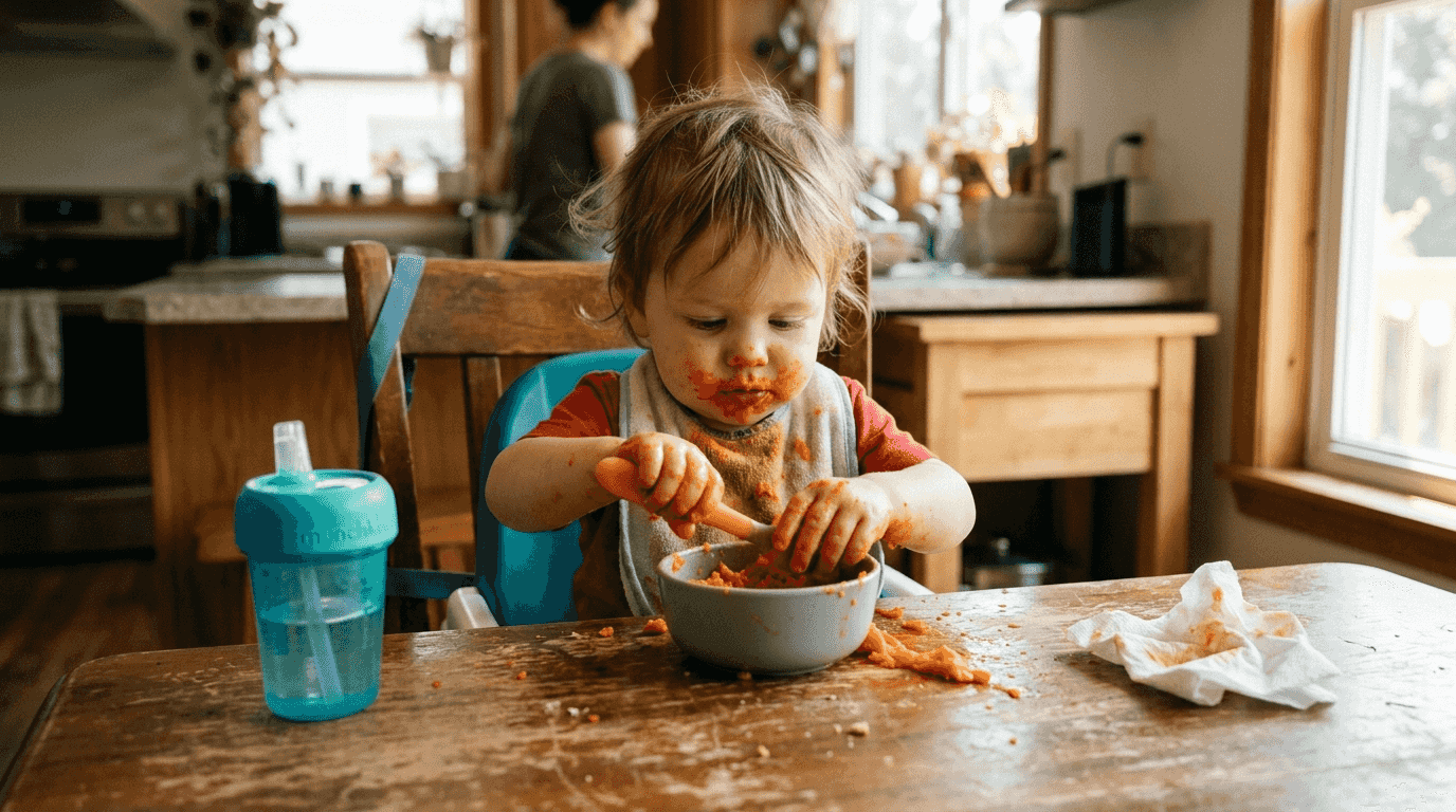 Toddler self-feeding messy lunch at table