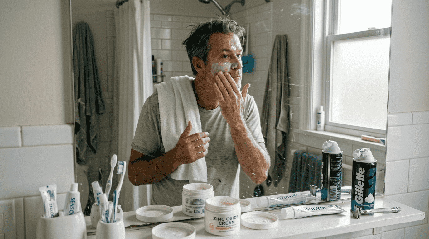 Man applying zinc oxide sunscreen at sink