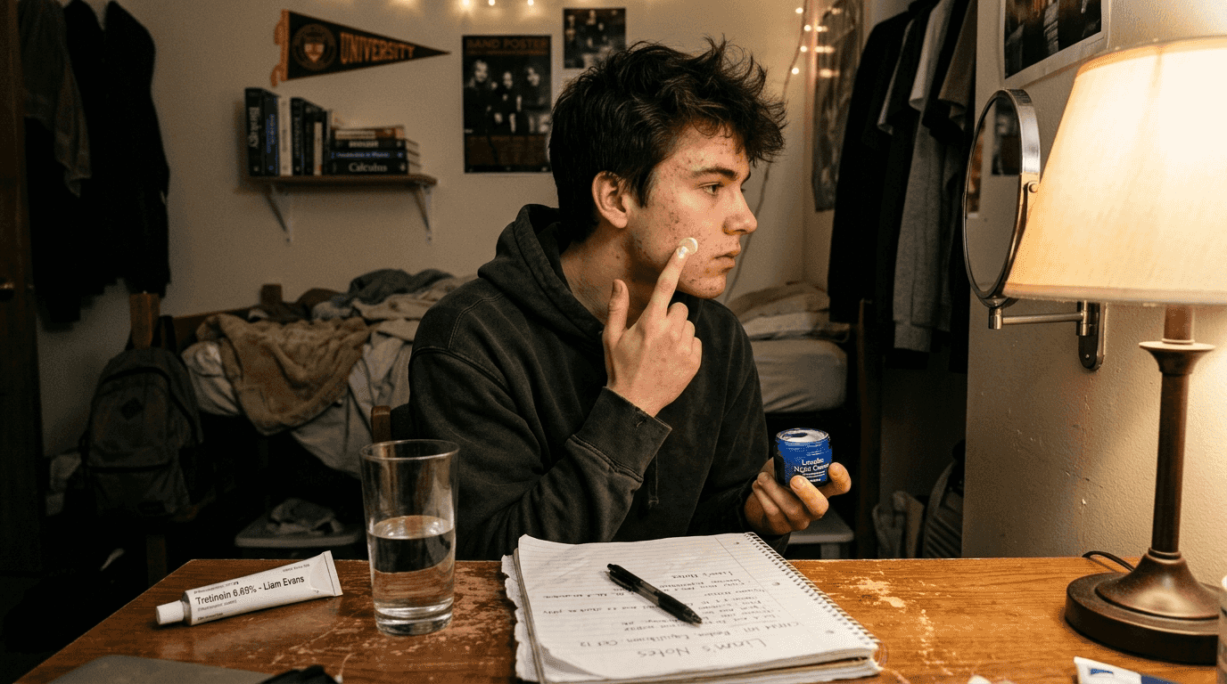 Man with acne applying night cream at desk