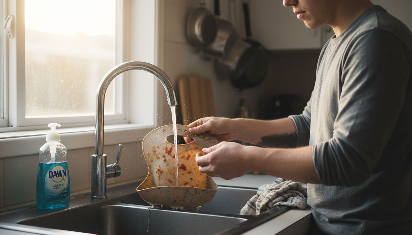 Parent rinsing food-stained silicone bib at sink