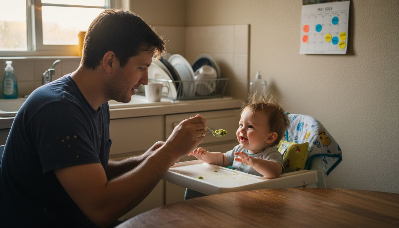 Father feeding baby in home kitchen setting