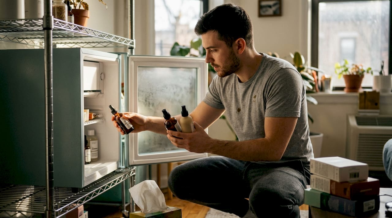 Man storing skincare in mini refrigerator