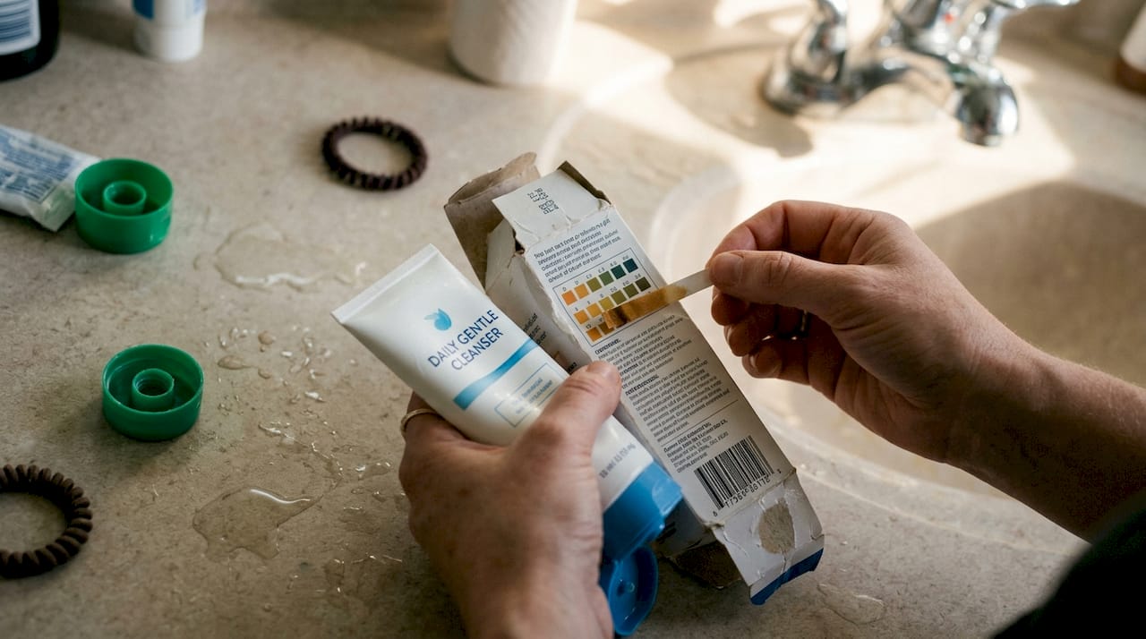 Hands testing cleanser pH on bathroom shelf