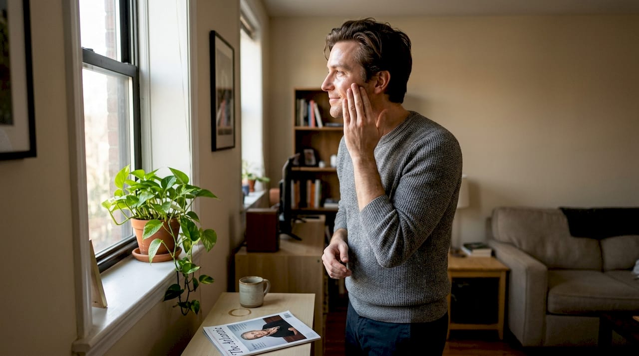 Man patting in sheet mask serum at home