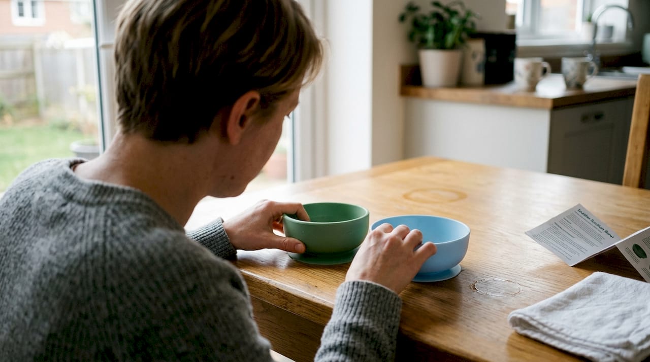 Parent tests suction bowl on table
