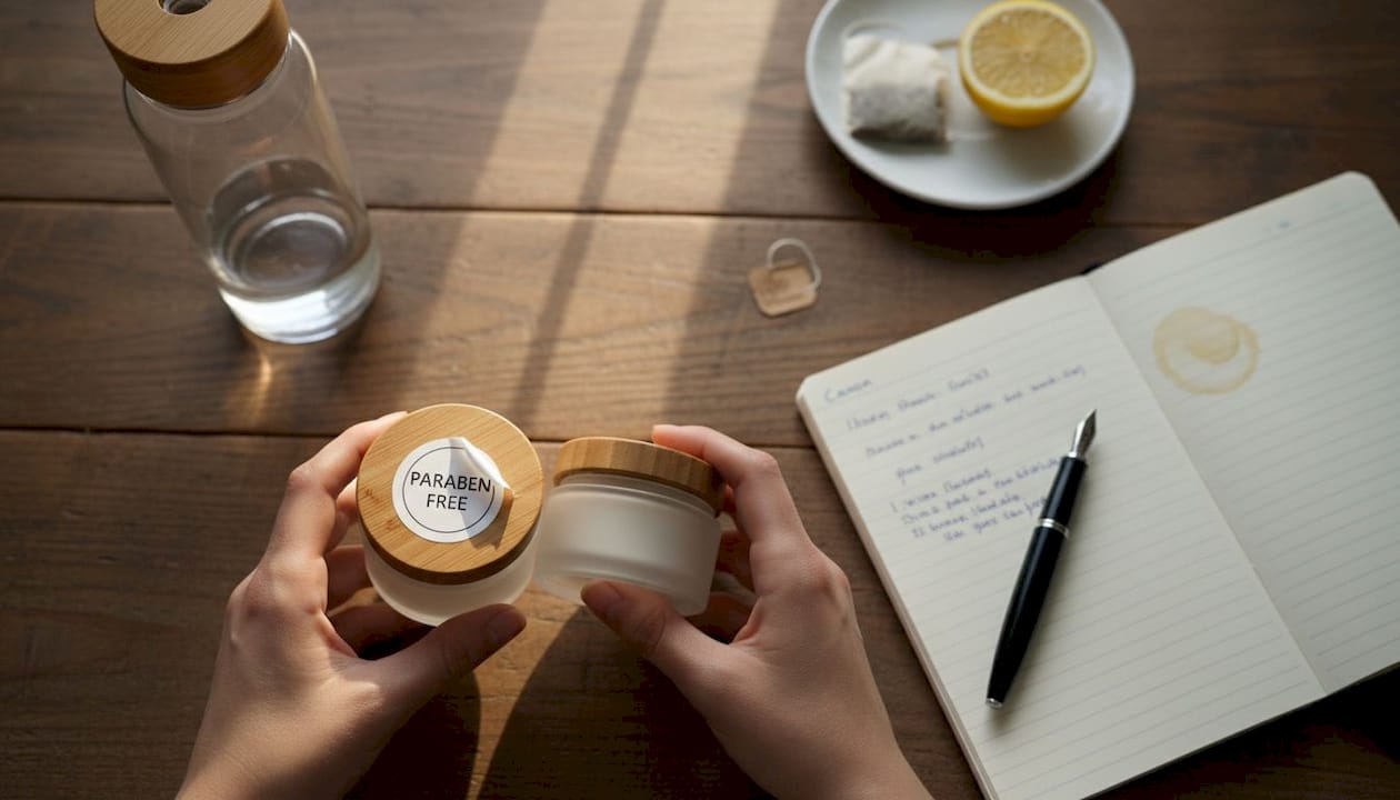 Hands holding paraben-free cosmetics jars