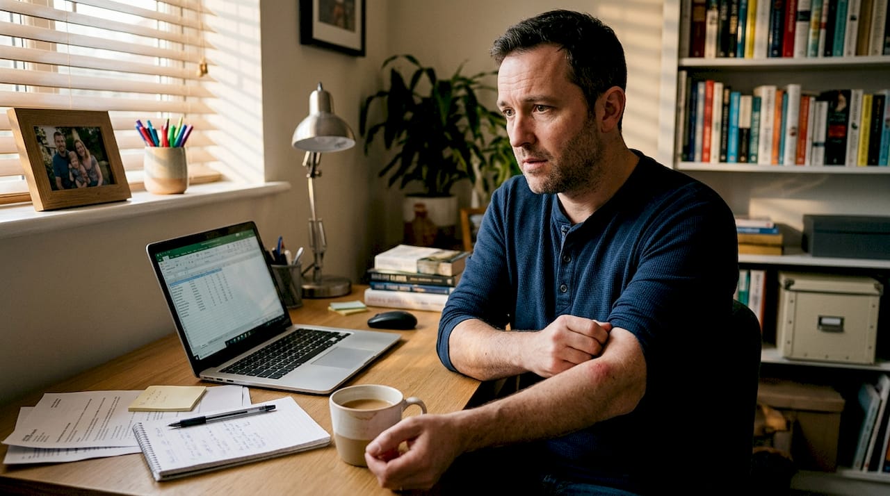 Man examining arm in home office workspace