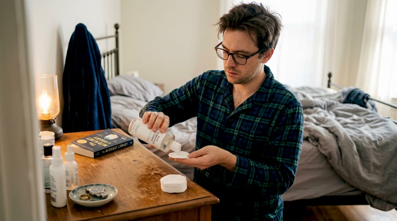 Man preparing nighttime cleanser at bedroom dresser