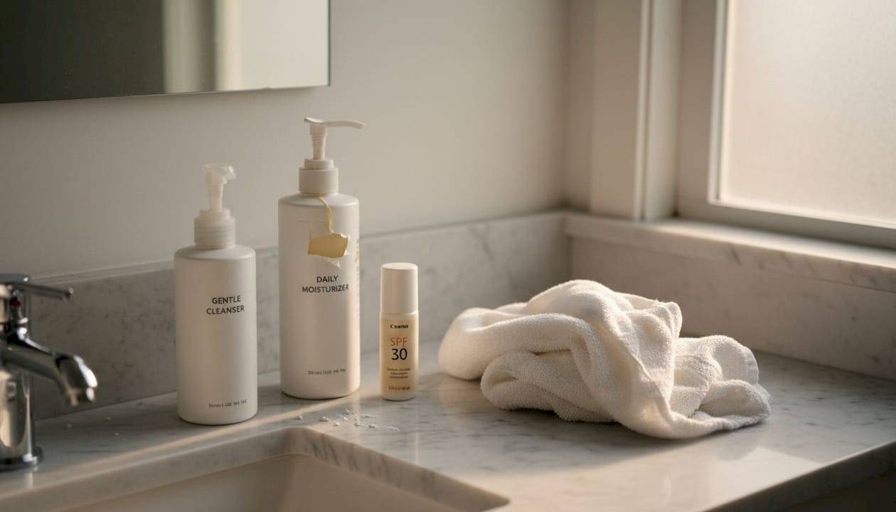 Minimalist skincare products on simple bathroom counter