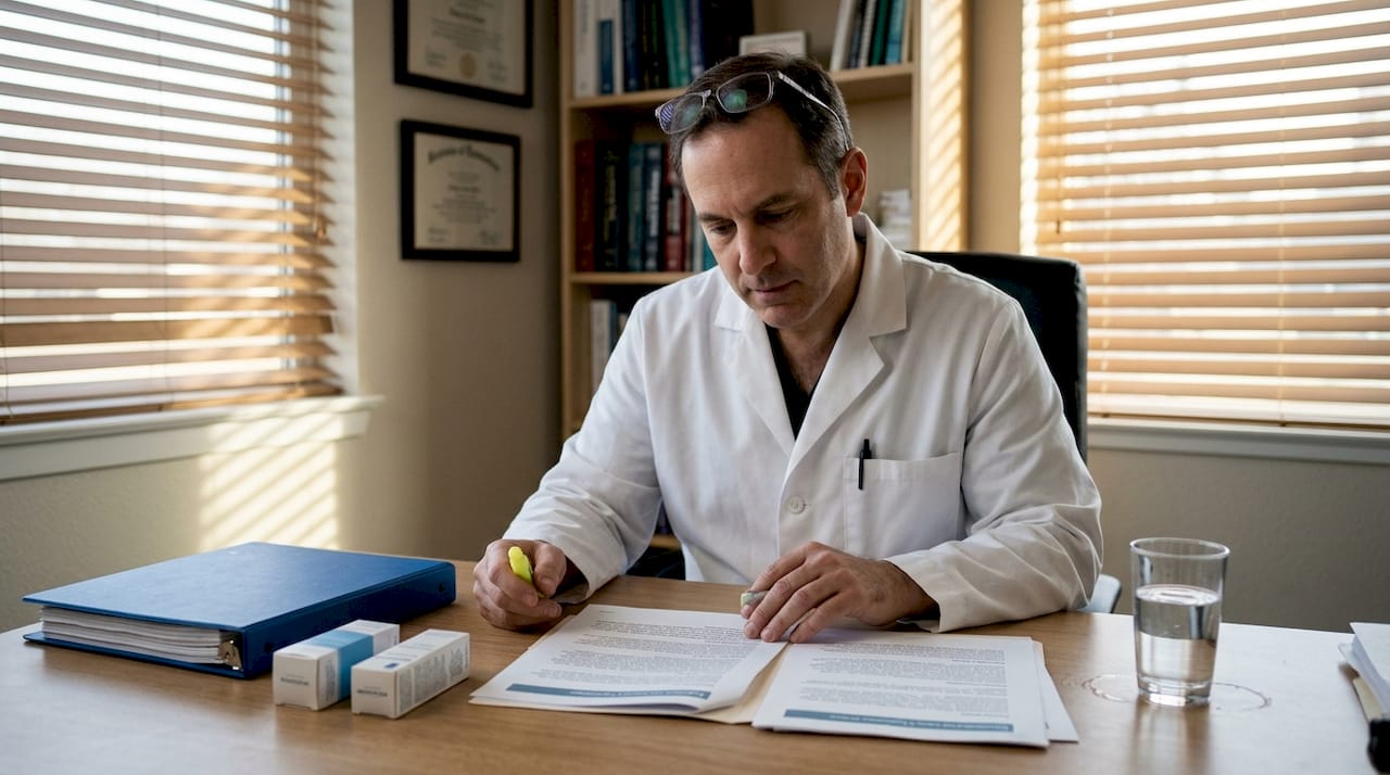 Dermatologist reviewing skincare ingredient lists