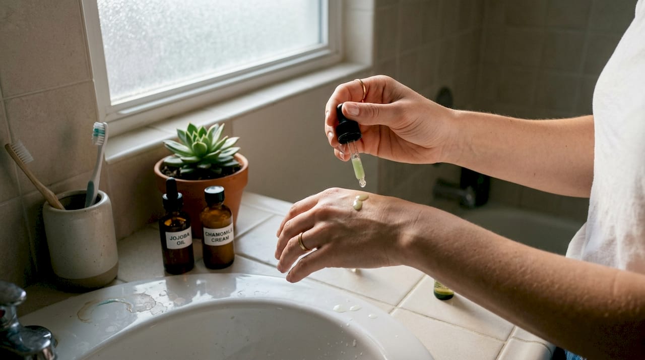 Hands applying green tea serum with jojoba oil