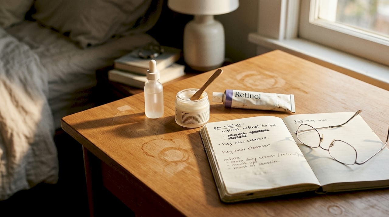 Skincare products and notes on vanity table