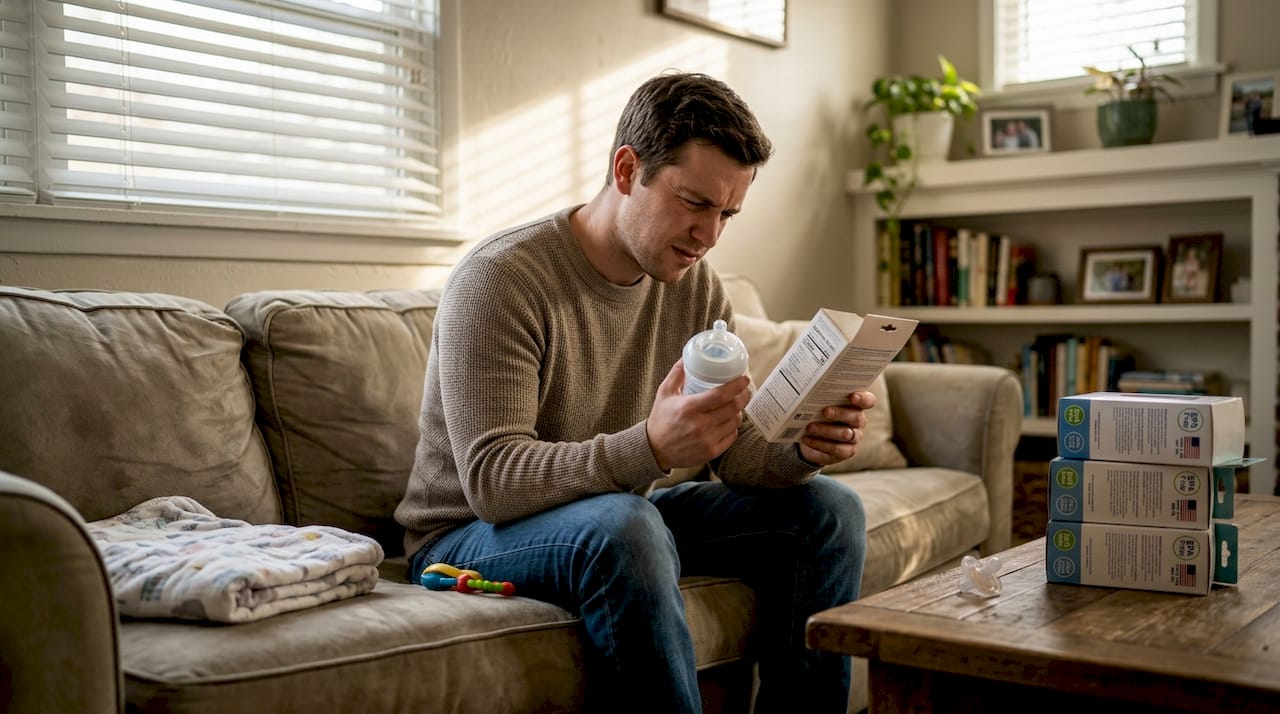 Father inspecting BPA-free baby product label