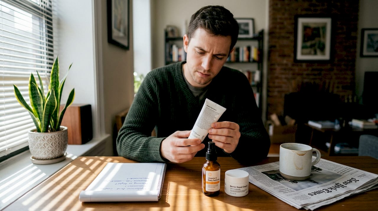 Man reading ingredient list on skincare tube
