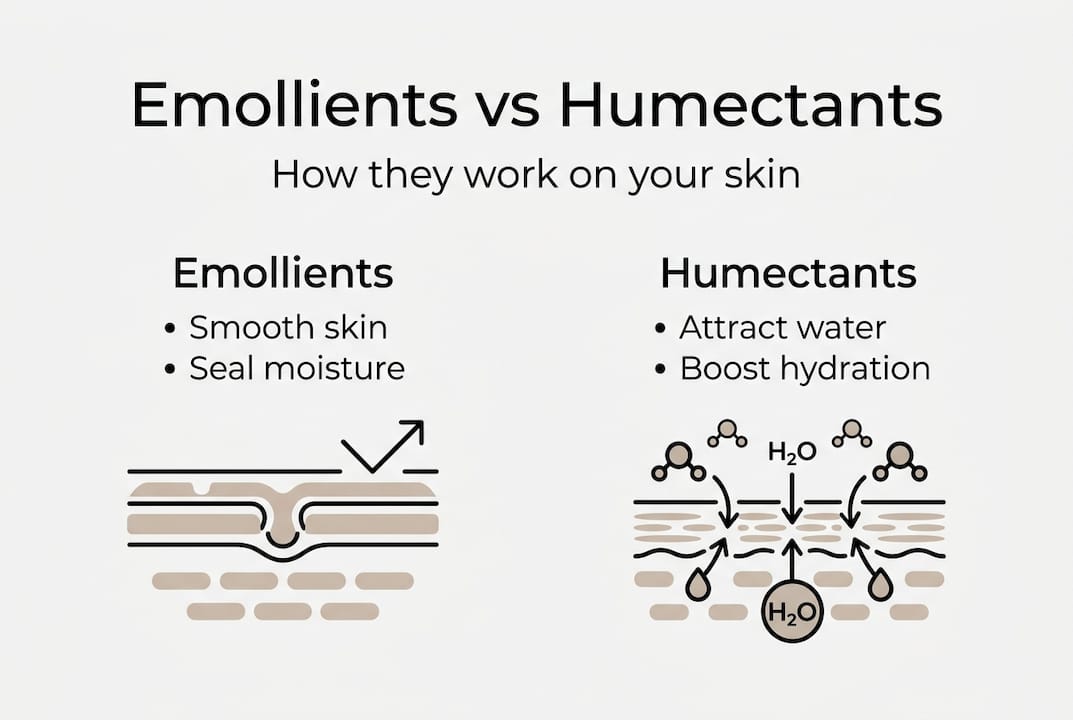 Infographic comparing emollients and humectants key features