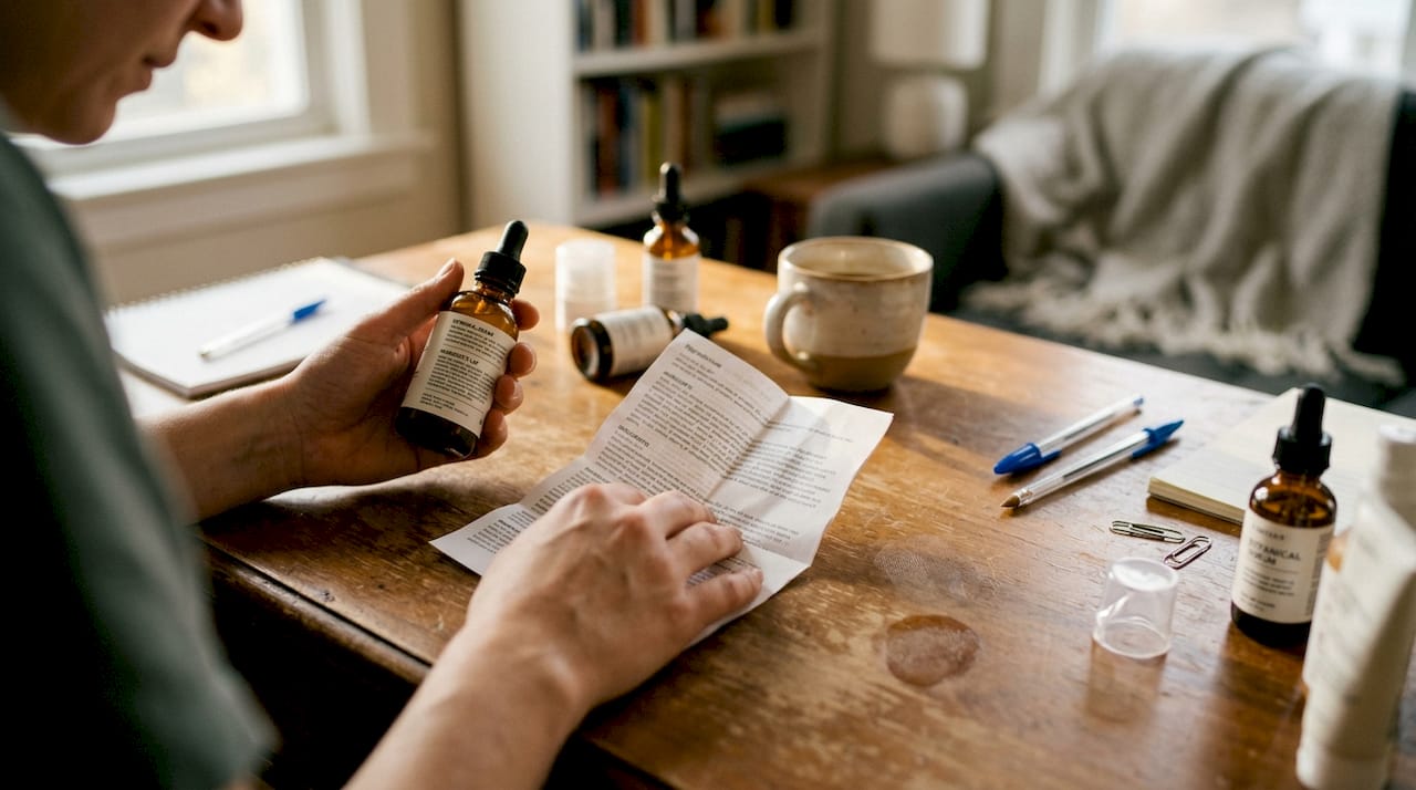 Hands reading skincare ingredient label