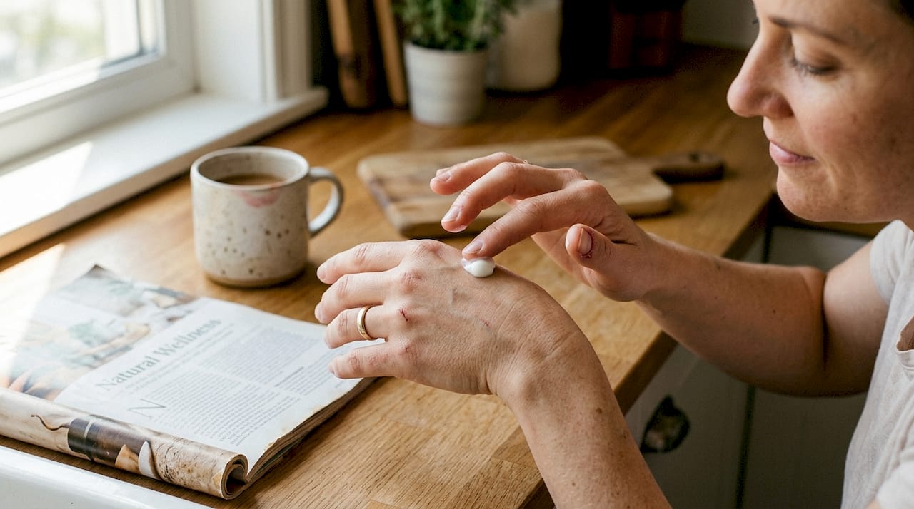 Hands testing moisturizer texture at home