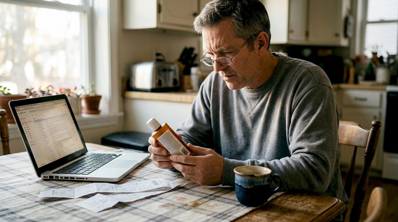 Man reading skincare ingredient label