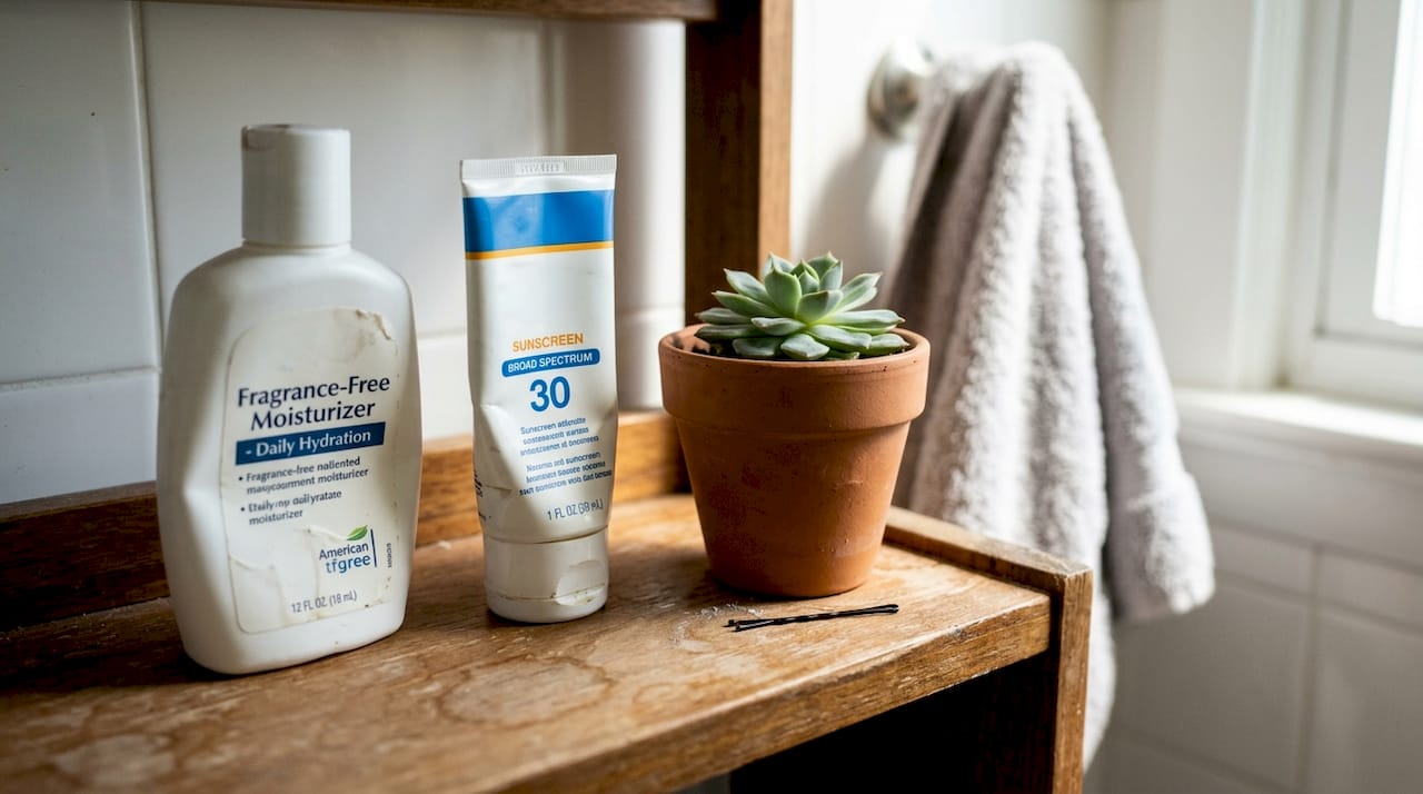Close-up moisturizer and SPF on shelf