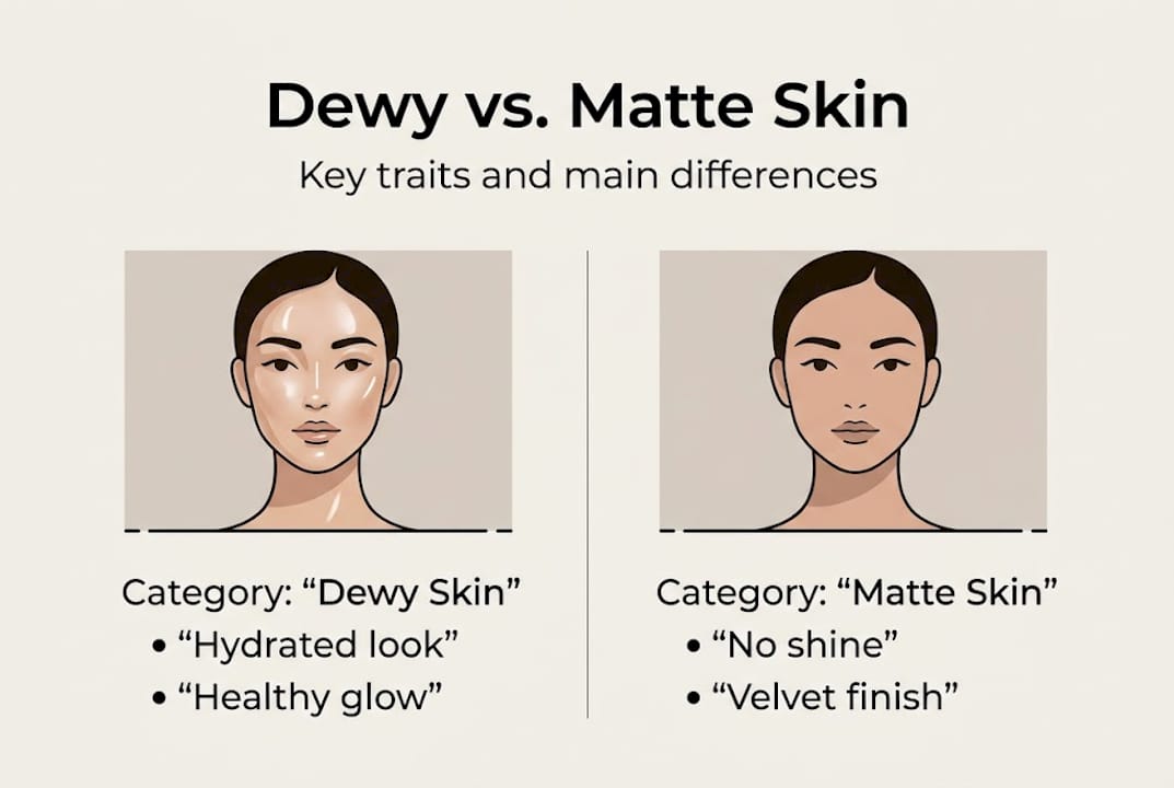 Infographic comparing dewy versus matte skin features