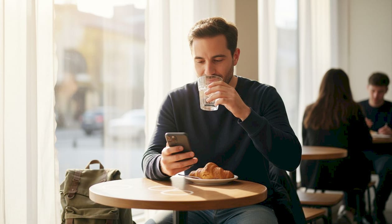 Man with hydrated skin reading in café