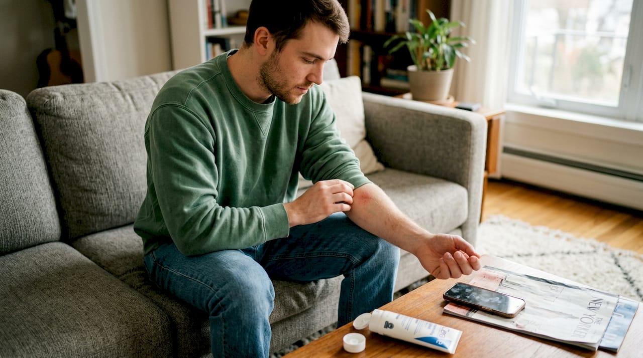 Man checks arm for skin irritation signs