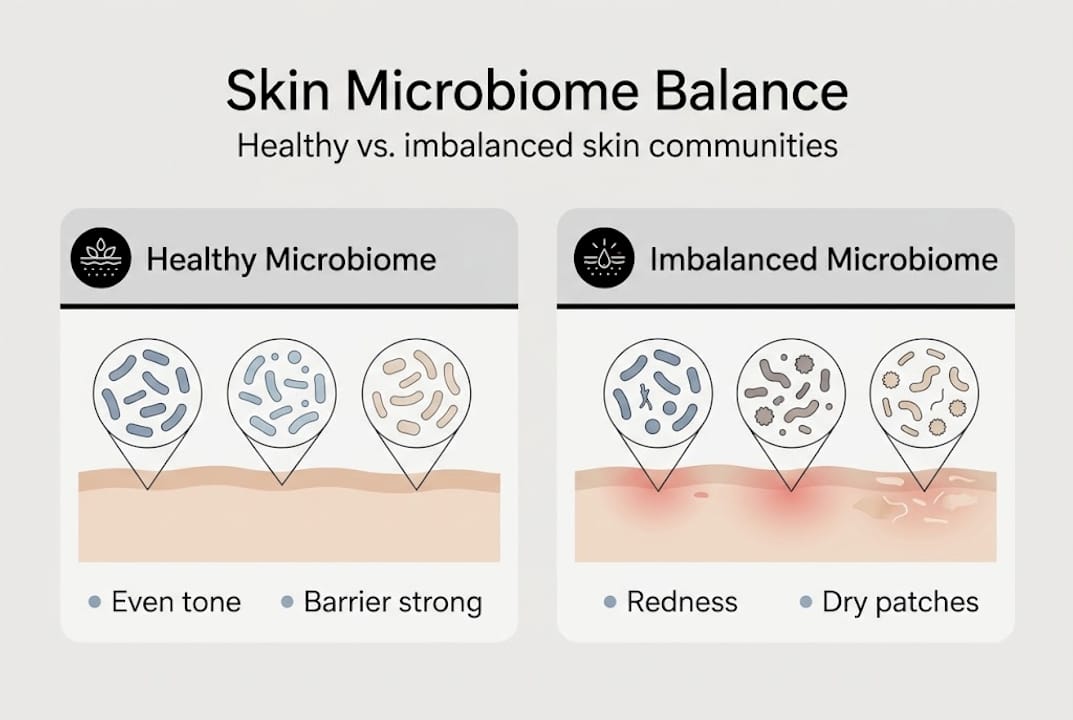 Infographic shows healthy and imbalanced skin microbiome