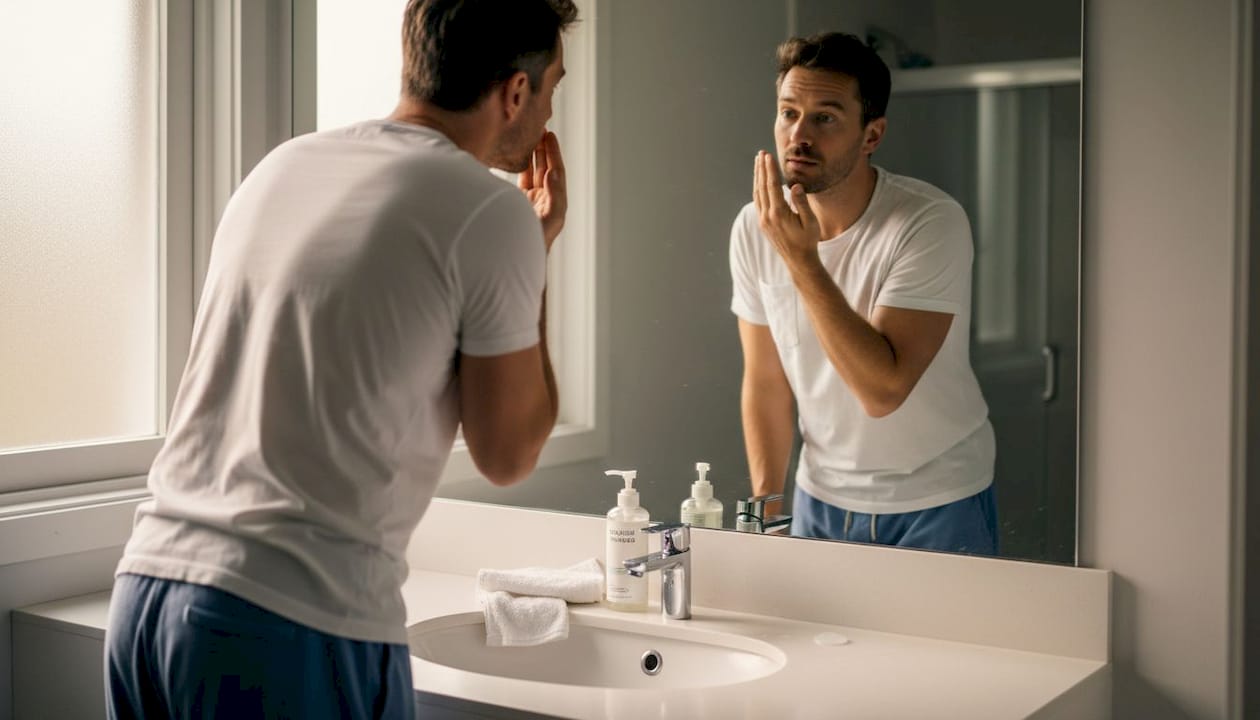 Man checking skin in bathroom mirror