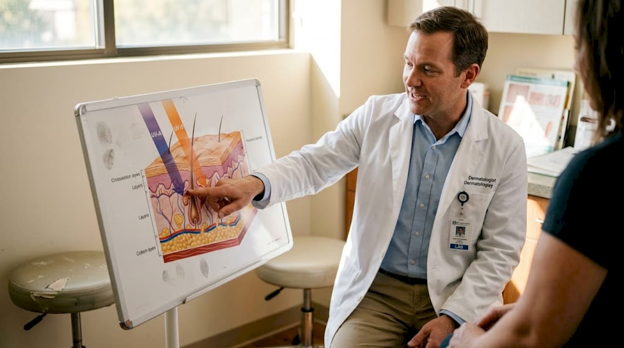 Dermatologist demonstrates UV impact on skin diagram