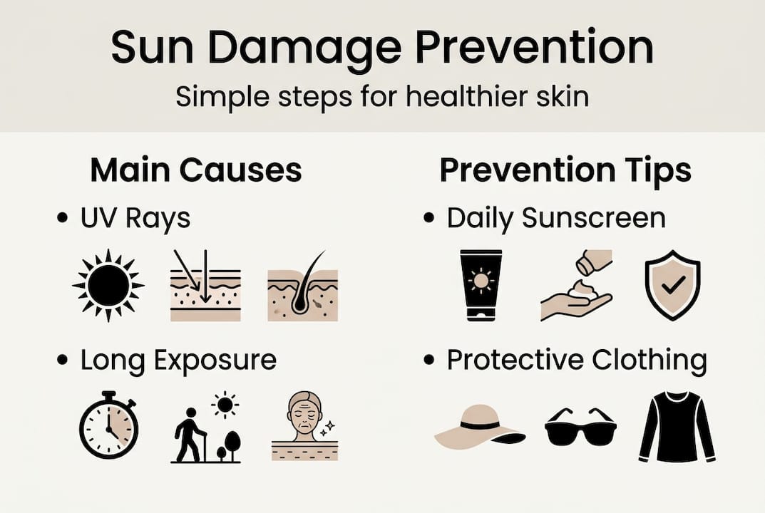 Infographic with sun damage causes and prevention tips