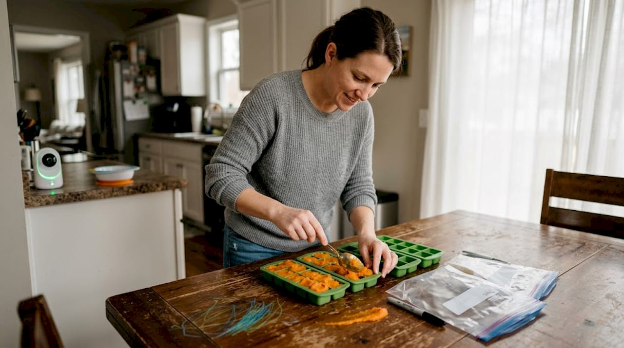 Caregiver batching baby meals in home kitchen