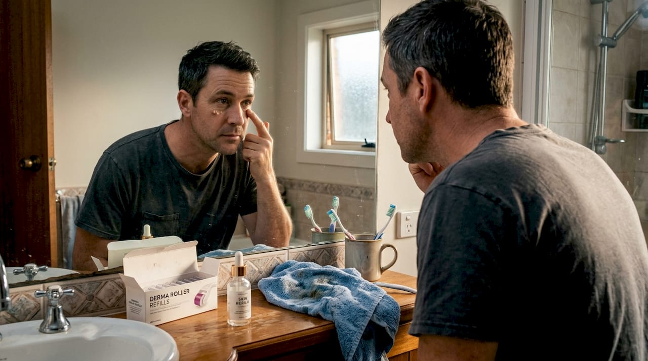 Man checking skin transformation in mirror