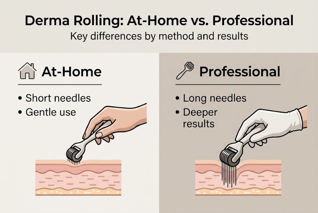 Infographic comparing at-home and professional derma rolling