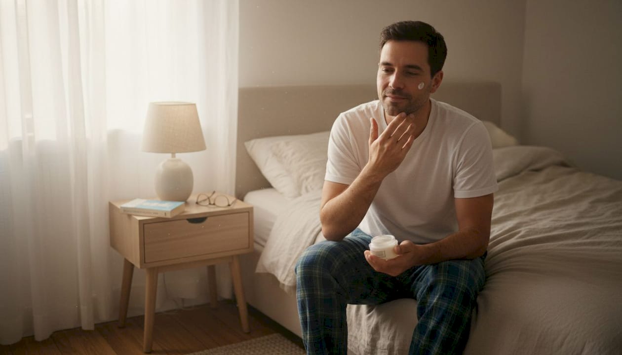 Man applying moisturizer on bedside in morning