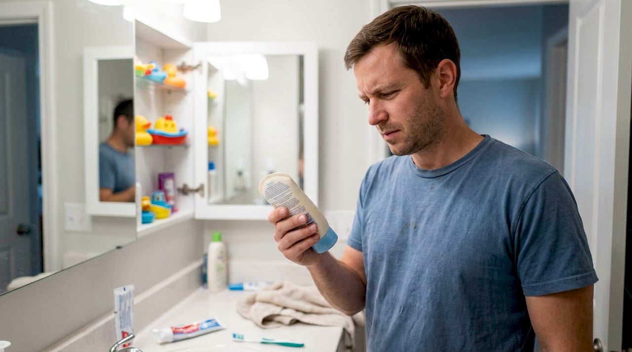 Parent reviewing skincare product label