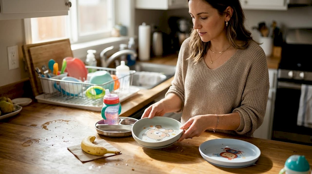 Parent inspecting various baby plates at counter
