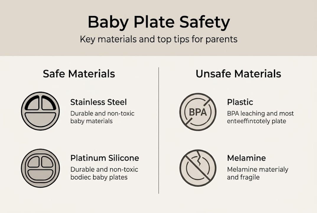 Infographic showing baby plate safe and unsafe materials