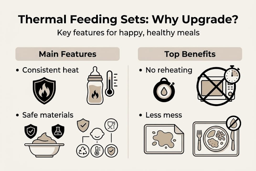 Infographic showing thermal feeding set features and benefits