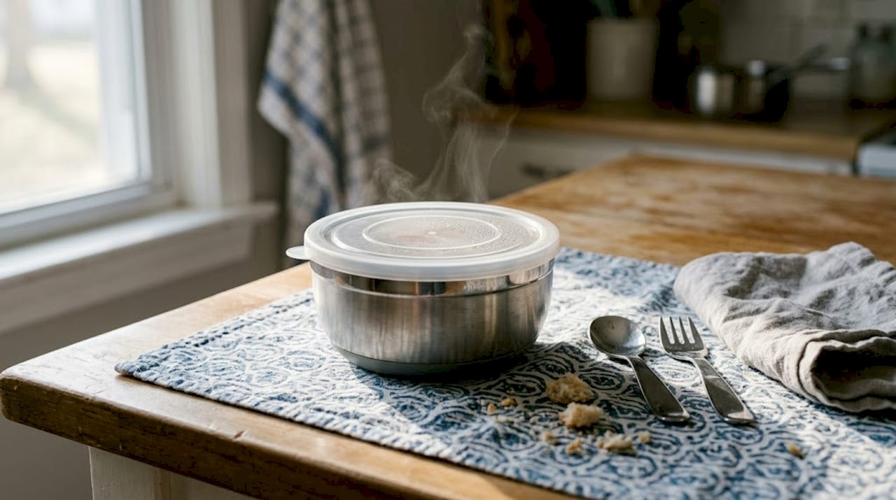 Stainless steel thermal feeding bowl close-up