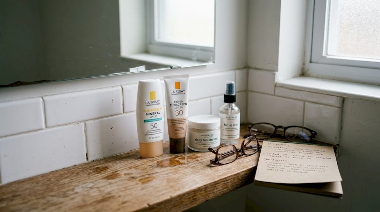 Assorted skincare products on shelf in bathroom
