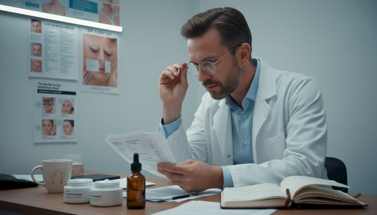 Dermatologist reviews skincare ingredients at desk