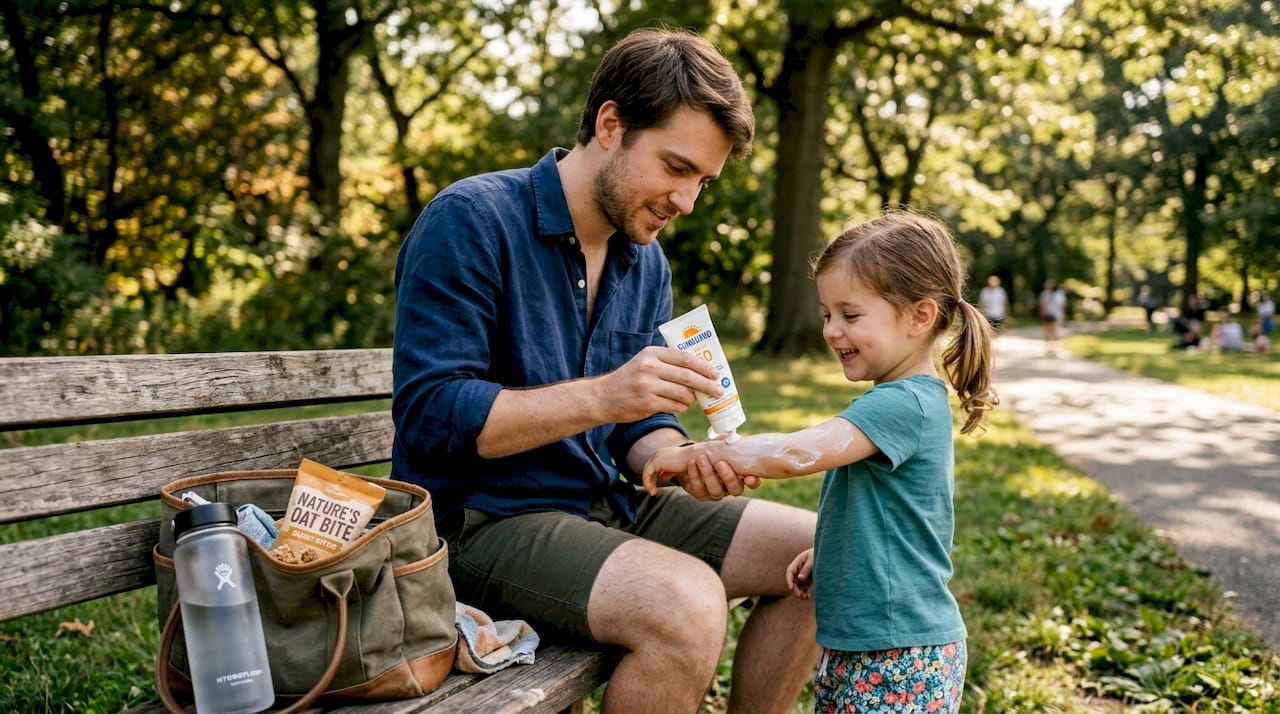 Family under-applying sunscreen in park