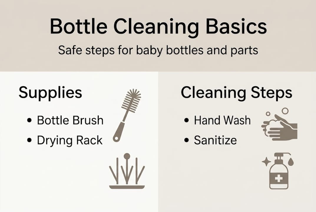 Infographic showing bottle cleaning basics and tools