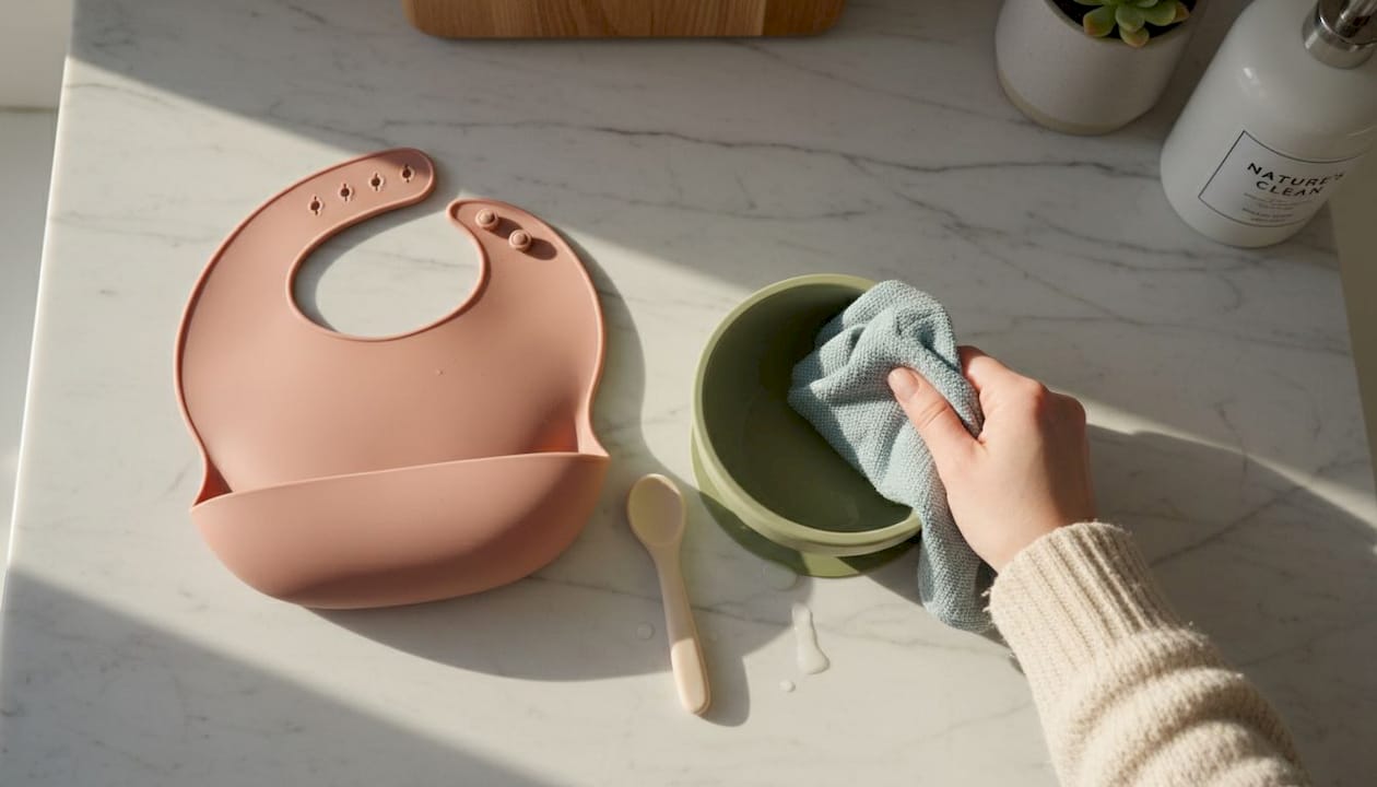 Compact silicone feeding kit being cleaned in kitchen